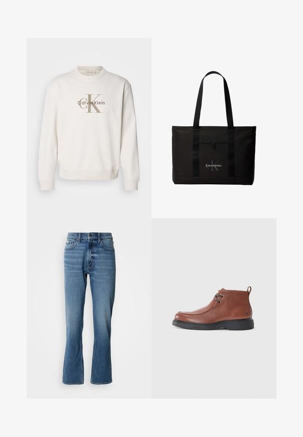 Hvid crewneck sweatshirt lavet af blødt stof, der har et stort beige Calvin Klein-logo på forsiden, med ribbede manchetter og bund.; Lyseblå denim jeans med lige pasform og let flare. Har fem lommer, knaplukning og subtile slidte detaljer.; Brune læder ankelstøvler med en rund tå, snøredetaljer og en sort gummisål. Bemærkelsesværdigt logo på hælen og syningens accenter.; Sort Calvin Klein tote taske med to lange håndtag og lomme foran, med mærkets logo i hvid og grå.