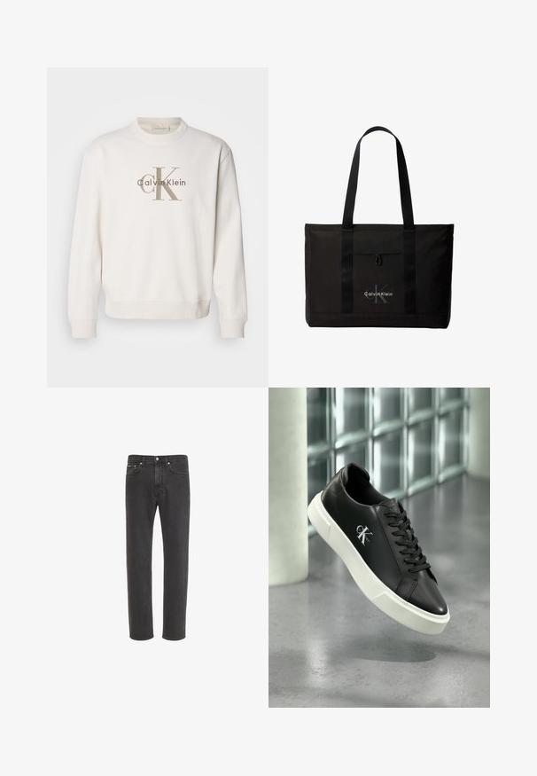 Hvid crewneck sweatshirt lavet af blødt stof, der har et stort beige Calvin Klein-logo på forsiden, med ribbede manchetter og bund.; Sorte jeans med lige ben i denim med knap- og lynlås-lukning foran, for- og baglommer, vist på hvid baggrund.; Sort lædersneaker med hvid gummisål og "CK Calvin Klein"-logo på siden, vist mod en baggrund af glasskifter.; Sort Calvin Klein tote taske med to lange håndtag og lomme foran, med mærkets logo i hvid og grå.