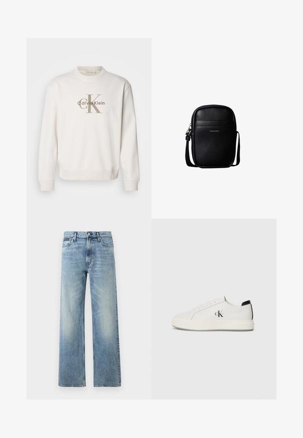Weißes Crewneck-Sweatshirt aus weichem Stoff, mit einem großen beigen Calvin Klein-Logo auf der Vorderseite, und gerippten Bündchen sowie Saum.; Hellblaue Jeans mit geradem Bein, hohem Bund, fünf Taschen, Knopfverschluss und dezentem Verblassen an Oberschenkeln und Knien.; Weiße Leder-Sneaker mit runder Spitze, flacher Gummisohle und schwarzem Absatzakzent. Mit einem auffälligen schwarzen Calvin Klein-Logo an der Seite.; Schwarze kompakte Crossbody-Tasche aus strukturiertem Leder mit vorderer Naht und "Calvin Klein"-Logo, mit verstellbarem Schulterriemen.