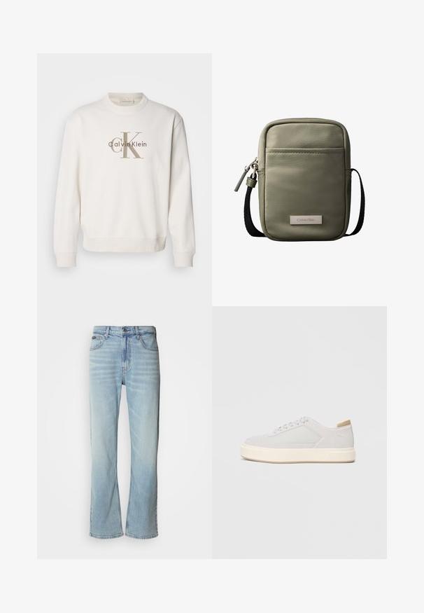 Weißes Crewneck-Sweatshirt aus weichem Stoff, mit einem großen beigen Calvin Klein-Logo auf der Vorderseite, und gerippten Bündchen sowie Saum.; Hellblaue Jeans aus Denim mit geradem Bein, ausgestattet mit fünf Taschen, einem Knopfverschluss und subtilen Verwaschungen im Stoff.; Hellgraue Sneaker mit einer glatten Synthetik-Oberfläche, runder Spitze und einer strukturierten cremefarbenen Zwischensohle. Helle tanfarbene Akzente an der Ferse.; Kompakte olivgrüne Umhängetasche mit Vordertasche, schwarzem verstellbarem Riemen, Reißverschluss und Calvin Klein Logo-Plakette.
