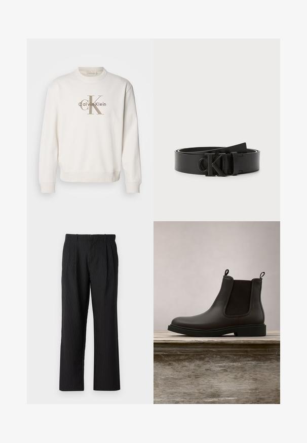 Weißes Crewneck-Sweatshirt aus weichem Stoff, mit einem großen beigen Calvin Klein-Logo auf der Vorderseite, und gerippten Bündchen sowie Saum.; Jack & Jones Classic Wide Leg Fit - Stoffhose - black; Schwarze Chelsea-Boots aus Leder mit elastischen Seitenpaneelen und Zuglaschen, die über einer holzernen Bank im Freien mit einem Hintergrund aus Gras schweben.; Schwarzer Ledergürtel mit glatter Oberfläche, runder Schnalle mit eingeprägt "CK"-Logo und verstellbarer Länge. Einfaches und klassisches Design.
