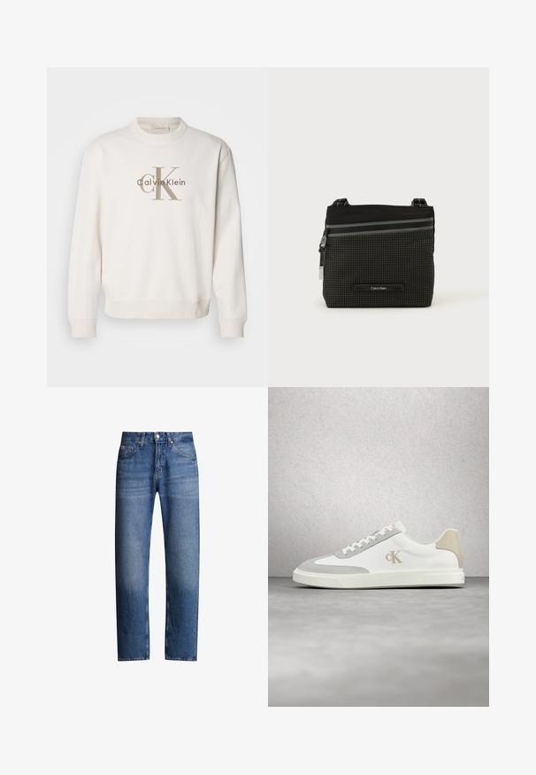 Weißes Crewneck-Sweatshirt aus weichem Stoff, mit einem großen beigen Calvin Klein-Logo auf der Vorderseite, und gerippten Bündchen sowie Saum.; Blaue Jeans aus Denim mit geradem Schnitt, fünf Taschen und Reißverschluss. Verfügt über eine leichte Ausbleichung und Nähte entlang der Nähte.; Weißer Calvin Klein Sneaker mit beigen Wildlederakzenten und Logo, schwebend über einem glatten grauen Boden vor einer Glasbausteinwand.; Schwarze und graue Calvin Klein Umhängetasche mit Karomuster, Frontreißverschlusstasche und verstellbarem Riemen vor weißem Hintergrund.