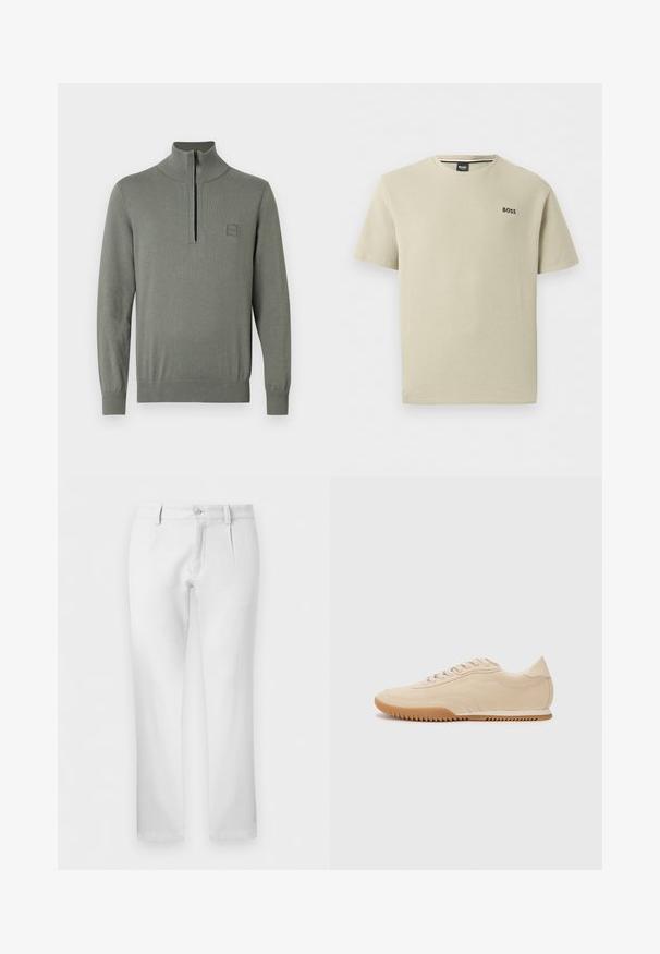 Pull-over gris à col montant avec une fermeture éclair d'un quart. Comprend des poignets et un ourlet côtelés, fabriqué en maille lisse et texturée.; T-shirt beige texturé à manches courtes et col rond avec le logo "BOSS" sur la poitrine gauche.; Pantalon blanc droit avec passants pour ceinture, fermeture par bouton et plis avant sur fond uni.; Baskets en daim beige au design épuré, présentant une tige texturée, un bout rond et une semelle en caoutchouc avec un motif en zigzag.