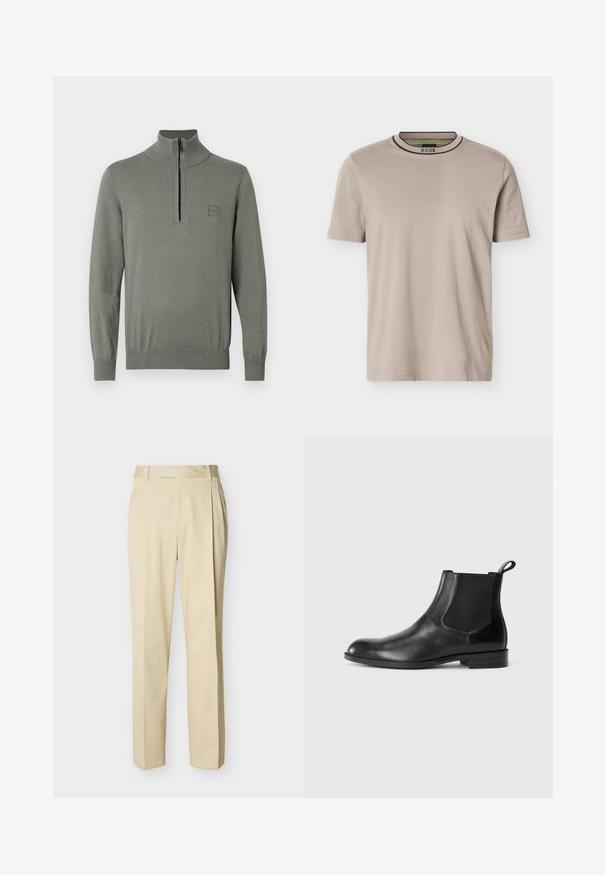 Pull-over gris à col montant avec une fermeture éclair d'un quart. Comprend des poignets et un ourlet côtelés, fabriqué en maille lisse et texturée.; T-shirt beige à manches courtes et col rond côtelé, avec des rayures noires et vertes sur le col et le logo "BOSS" à l'intérieur du col.; Pantalon beige à jambe droite avec passants de ceinture et plis sur le devant, sur un fond uni clair.; Bottine en cuir noir avec des panneaux latéraux élastiques, bout rond et tirette. Texture lisse, semelle plate, design minimaliste.