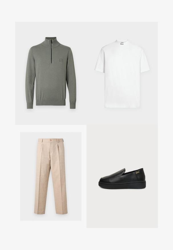 Pull-over gris à col montant avec une fermeture éclair d'un quart. Comprend des poignets et un ourlet côtelés, fabriqué en maille lisse et texturée.; T-shirt blanc uni à manches courtes avec un col rond montant et « BOSS » imprimé en noir au centre du devant du col.; Pantalon beige à jambes droites avec plis, fermeture par bouton, passants pour ceinture et coupe ajustée.; Chaussure noire en cuir à enfiler avec semelle épaisse et petits trous de ventilation latéraux, avec un logo doré "HUGO" près du talon.
