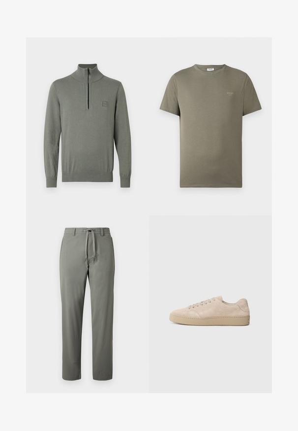 Pull-over gris à col montant avec une fermeture éclair d'un quart. Comprend des poignets et un ourlet côtelés, fabriqué en maille lisse et texturée.; T-shirt à manches courtes vert olive avec col rond et petit logo JOOP! Jeans sur le côté gauche de la poitrine, style simple et décontracté.; Pantalon droit pour hommes de couleur vert olive avec taille à cordon et passants pour ceinture, présenté sur un fond uni.; Baskets en daim beige avec un bout rond, des lacets plats et une semelle en caoutchouc texturé. Design minimaliste avec des bords lisses et des coutures discrètes.
