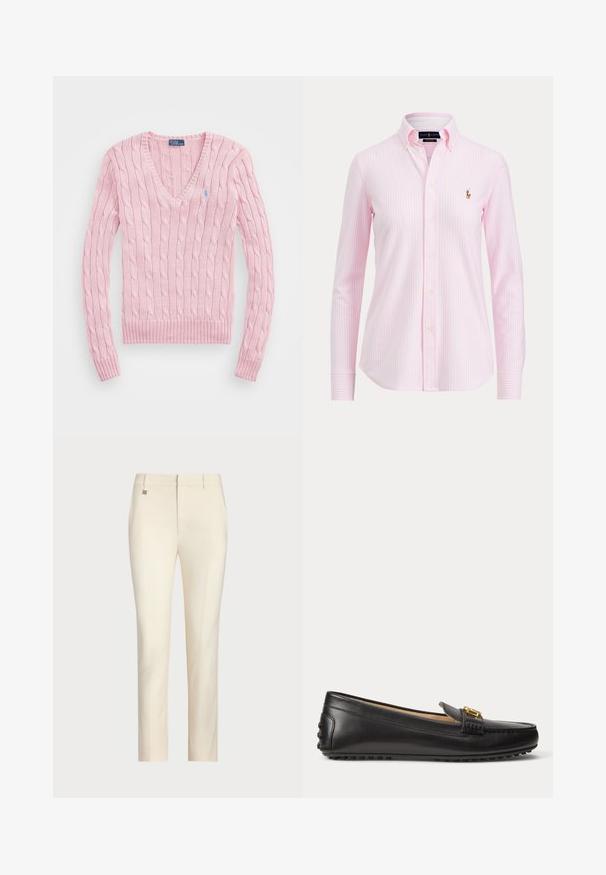 Lyserød kabelstrikket sweater med lange ærmer og V-hals, med lille blåt broderet logo på venstre bryst.; Langærmet skjorte med pink og hvide striber med knapper og en button-down krave samt en lille broderet logo på venstre bryst.; Cremefarvede skræddersyede bukser med lige ben, der har en glat tekstur, frontlommer og en diskret metallisk detalje på taljebåndet.; Sort læderloafer med guldbeslag og gummisåle med nitter, vist fra siden på hvid baggrund.