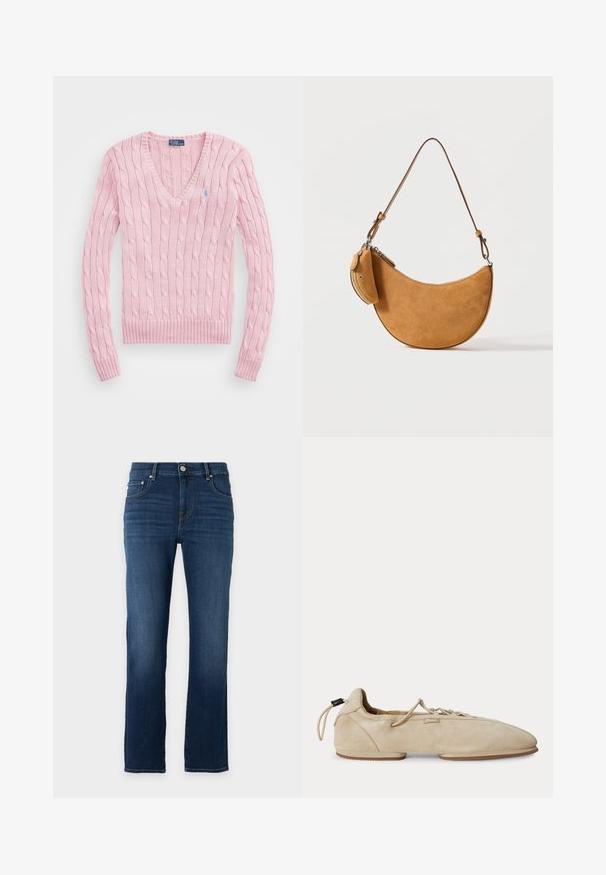 Lyserød kabelstrikket sweater med lange ærmer og V-hals, med lille blåt broderet logo på venstre bryst.; Mørkeblå denim jeans med lige ben, fem lommer og knaplukning på en ensfarvet lys baggrund.; Beige ruskind flad sko med snørebånd foran, rundet tå, lav hæl og Polo-mærke på siden.; Mørk ruskind halvmåneformet håndtaske med tynd justerbar rem og lille vedhæftet lynlåslomme på siden, mod ensfarvet baggrund.