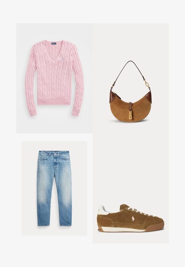 Lyserød kabelstrikket sweater med lange ærmer og V-hals, med lille blåt broderet logo på venstre bryst.; Lyseblå falmede jeans med lige ben, forlommer, knap- og lynlåslukning samt let slid på højre lår.; Brun ruskind lav-top sneaker med hvide snørebånd, hvid hælaccent, gummisål og broderet Polo-logo på siden.; Brun ruskind halv-måne taske med mørkebrune læderdetaljer, guldfarvet hardware og kort skulderrem.