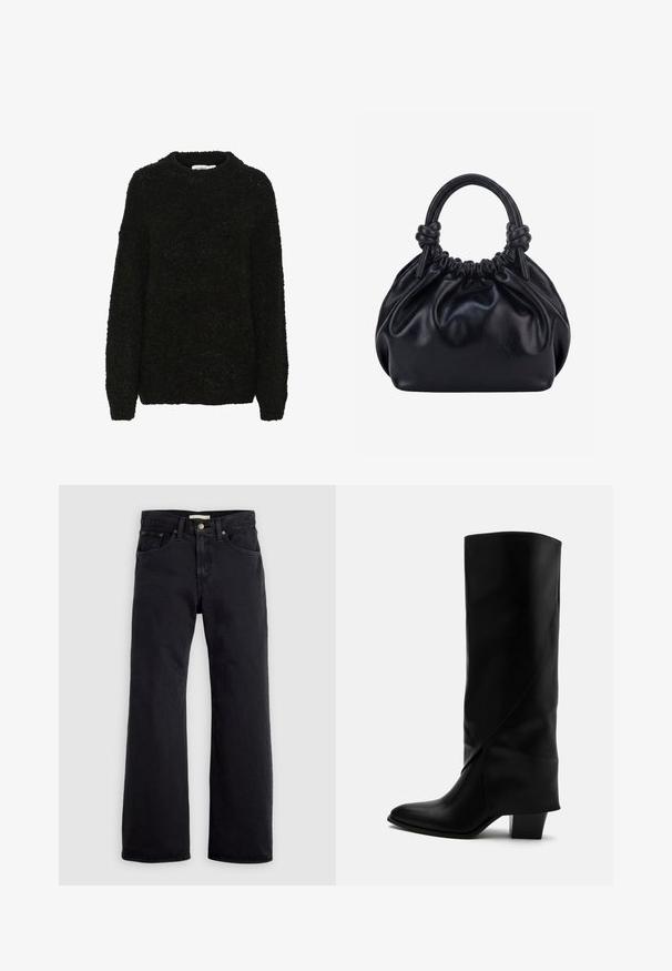 Sort, struktureret sweater med rund halsudskæring og lange ærmer. Blødt, fuzzy stof med en løs pasform, velegnet til hverdagsbrug.; Sorte jeans med høj talje og lige ben med knap, lynlås foran og fem-lommer design mod en ensfarvet lys baggrund.; Høj sort læderstøvle med skråt syning, spids tå og kraftig mellemhøj hæl på hvid baggrund.; Sort blød læderhåndtaske med samlet top og to tykke håndtag bundet i knuder mod en ensfarvet lys baggrund.
