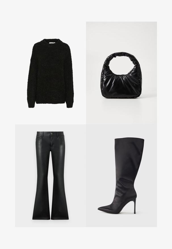 Pull noir texturé avec un col rond et des manches longues. Tissu doux et duveteux avec une coupe ample, idéal pour un style décontracté.; Pantalon noir évasé en matière lisse et brillante. Dispose d'un design à cinq poches, d'une fermeture à bouton sur le devant, et de coutures contrastées subtiles.; Botte noire haute jusqu'aux genoux en cuir verni lisse et élégant ; bout pointu ; ajustée avec un léger froncé près de la cheville ; talon brillant.; Sac à main noir rembourré avec une poignée arrondie, présentant une surface lisse et brillante ainsi qu'une texture douce et matelassée. Pas de quincaillerie ou d'accents visibles.