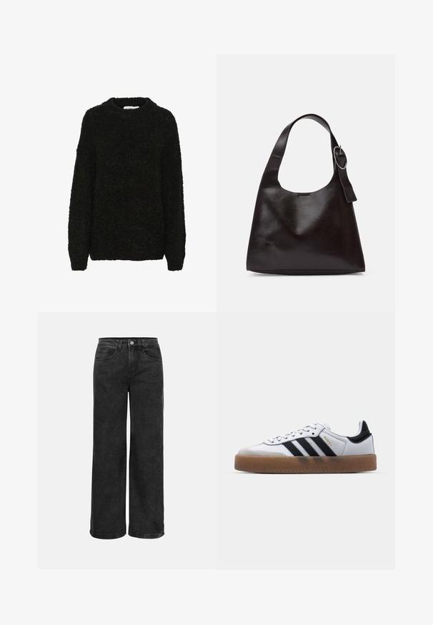 Pull noir texturé avec un col rond et des manches longues. Tissu doux et duveteux avec une coupe ample, idéal pour un style décontracté.; Jeans noirs à jambes larges en denim, avec une taille haute, cinq poches et une fermeture à bouton classique. Texture lisse avec un minimum de décoloration.; Baskets en cuir blanc avec des rayures noires, semelle extérieure en caoutchouc beige, bout rond, fermeture lacée et embout en suède gris doux.; Sac en cuir marron porté épaule avec une texture lisse, une forme arrondie, une large sangle et un accent métallique circulaire sur la poignée.