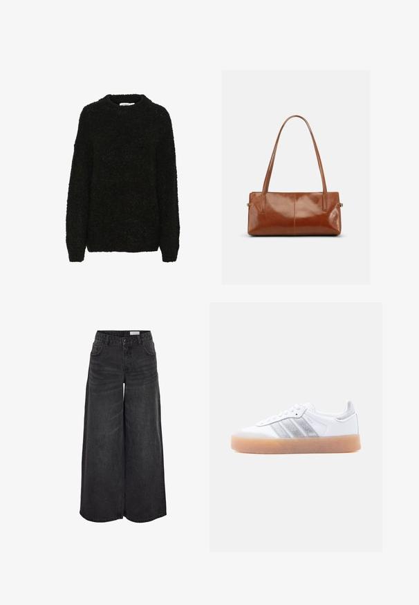 Pull noir texturé avec un col rond et des manches longues. Tissu doux et duveteux avec une coupe ample, idéal pour un style décontracté.; Pantalons en denim noir à jambes larges avec taille haute, poches avant et texture subtile ; conçus pour un ajustement décontracté.; Baskets basses blanches avec semelle gomme, accents argentés rayés sur le côté, et fermeture à lacets, présentées sur un fond clair uni.; Sac à main rectangulaire en cuir marron avec deux longues bandoulières, finition lisse et brillante, au design minimaliste sur un fond uni.