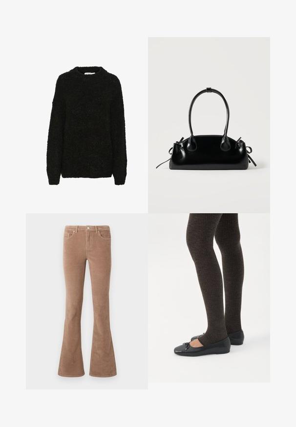 Pull noir texturé avec un col rond et des manches longues. Tissu doux et duveteux avec une coupe ample, idéal pour un style décontracté.; Pantalons en velours côtelé marron évasés avec une surface texturée, dotés de cinq poches, d'une fermeture à bouton et de passants de ceinture.; Jambes portant des leggings côtelés foncés associés à des ballerines noires avec de petits détails en nœud sur fond blanc.; Petit sac à main noir brillant avec deux longues anses et des détails à cordon sur les côtés sur un fond clair uni.