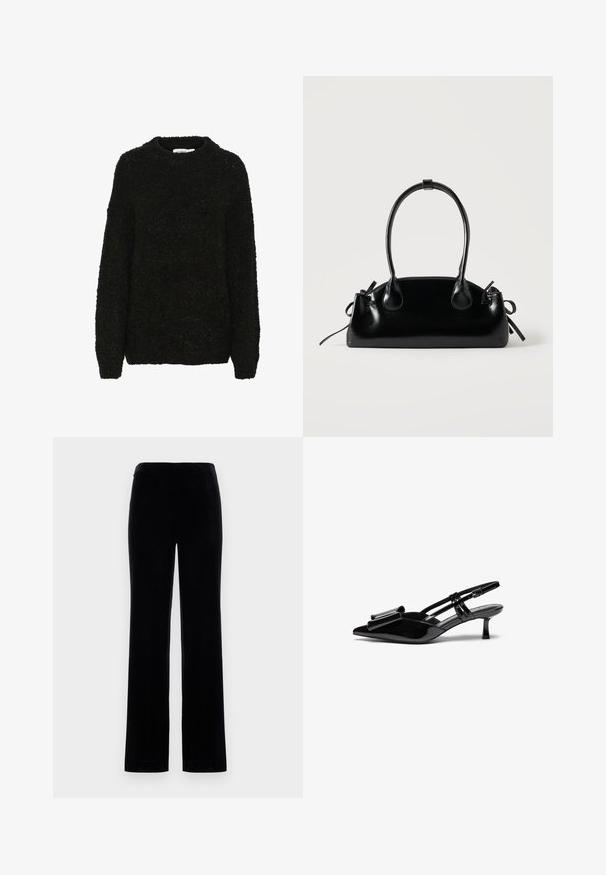 Suéter negro de textura con cuello redondo y mangas largas. Tejido suave y peludo con un corte holgado, adecuado para el uso casual.; Pantalones negros de terciopelo con un diseño de pierna recta, que presentan una textura suave y una cinturilla elástica. Sin detalles visibles de hardware ni patrones.; Zapatos de tacón slingback de charol negro con punta afilada, detalle de lazo en el frente y un pequeño tacón de aguja. Las correas tienen hebillas ajustables.; Pequeño bolso negro brillante con dos asas largas y detalles de cordón lateral sobre un fondo claro liso.