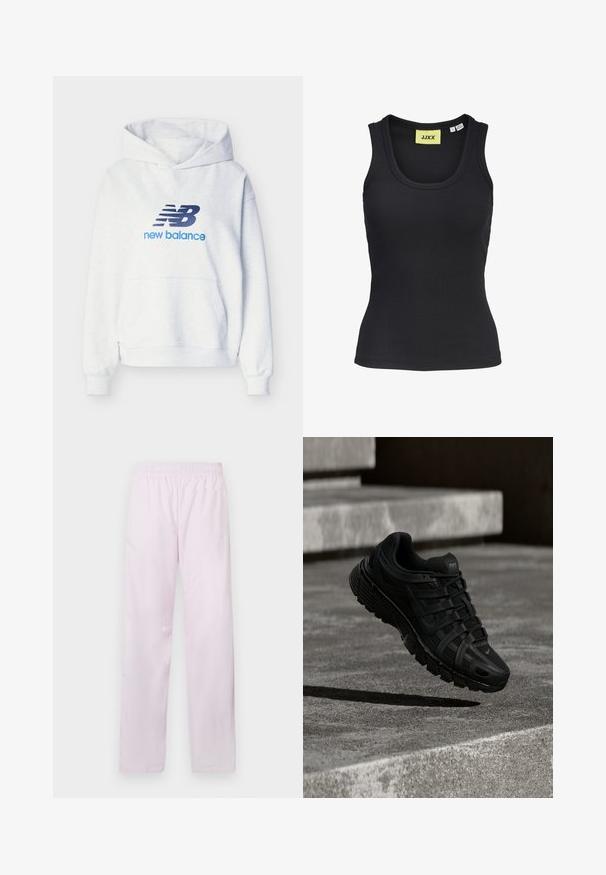 Λευκή φούτερ New Balance με τσέπη καγκουρό μπροστά και λογότυπο και κείμενο σε μπλε ναυτικό στο στήθος, απλωμένη επίπεδα σε ανοιχτό φόντο.; Μαύρο ριμπ αμάνικο τοπ με στρογγυλή λαιμόκοψη και κίτρινη ετικέτα με την ένδειξη «JJXX» κοντά στον γιακά, μέγεθος μικρό.; Ροζ αθλητικές παντελόνες Nike με ελαστική μέση, ίσιους μηρούς και διακριτό λευκό λογότυπο Nike swoosh στο αριστερό μηρό.; Μαύρο αθλητικό παπούτσι με άνω μέρος από δίχτυ, λαστιχένια σόλα και περίπλοκο σχέδιο κορδονιών· διαθέτει ελαφριά καμπύλη και σήμανση Nike.