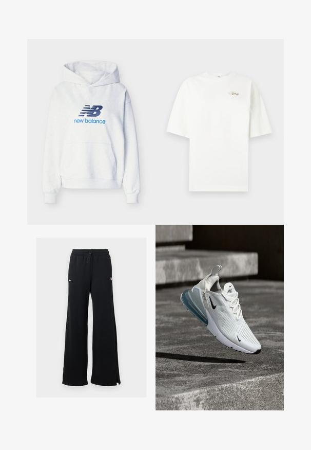 Λευκή φούτερ New Balance με τσέπη καγκουρό μπροστά και λογότυπο και κείμενο σε μπλε ναυτικό στο στήθος, απλωμένη επίπεδα σε ανοιχτό φόντο.; Λευκό oversized κοντομάνικο μπλουζάκι με μικρό χρυσό λογότυπο "Just Do It" στο άνω αριστερό μέρος του στήθους σε απλή φόντο.; Μαύροι αθλητικοί παντελόνια με φαρδιά γραμμή, ελαστική μέση, κορδόνι και λεπτομέρεια με λογότυπο. Η υφή του υφάσματος φαίνεται μαλακή και άνετη.; Λευκό αθλητικό παπούτσι Nike Air Max 270 με μπλε αερόσακο στη σόλα, αιωρούμενο πάνω από υφή τσιμεντένιας επιφάνειας με σκάλες στο βάθος.