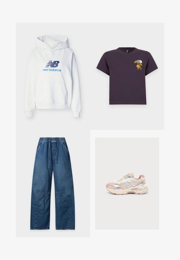 Λευκή φούτερ New Balance με τσέπη καγκουρό μπροστά και λογότυπο και κείμενο σε μπλε ναυτικό στο στήθος, απλωμένη επίπεδα σε ανοιχτό φόντο.; Μωβ βαμβακερό T-shirt με στρογγυλή λαιμόκοψη, που φέρει κεντημένο λουλουδένιο σχέδιο και λογότυπο στην αριστερή πλευρά του στήθους. Κοντά μανίκια, άνετη εφαρμογή.; Μπλε τζιν παντελόνια φαρδιάς γραμμής με ελαστική μέση και κορδόνι, τσέπες μπροστά και ραφές στα γόνατα, τοποθετημένα επίπεδα σε λευκό φόντο.; Μπεζ και ροζ αθλητικό παπούτσι με ασημένιες λεπτομέρειες και κορδόνια στη πλευρά και την φτέρνα, απαθανατισμένο σε προφίλ σε απλό φωτεινό φόντο.