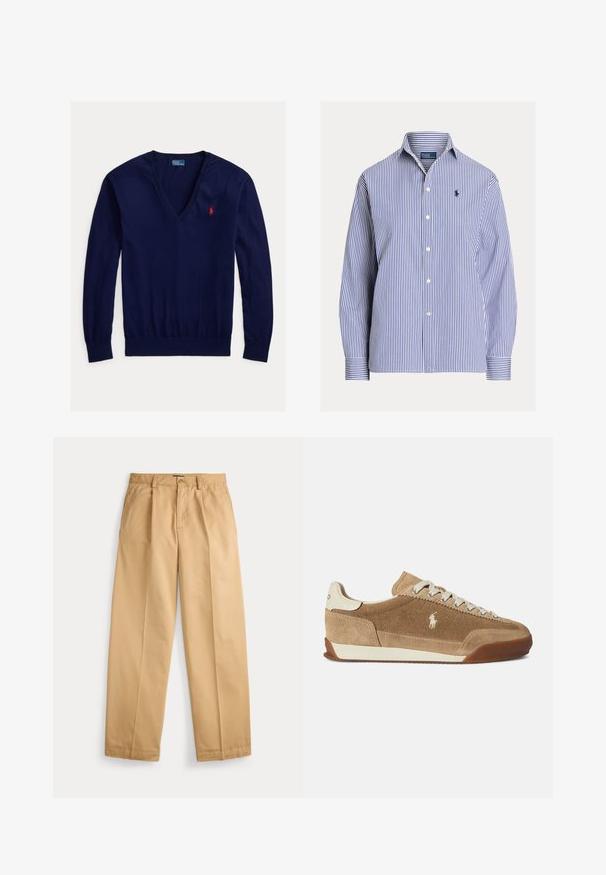 Tmavo modrý sveter s dlhým rukávom a výstrihom do V, s červeným vyšívaným logom Polo Ralph Lauren na ľavej strane hrudníka a rebrovanými lemami na rukávoch a spodnom okraji.; Modro-biela košeľa s dlhým rukávom a vertikálnymi pruhmi, s golierom a malým vyšívaným logom na ľavej strane hrudníka.; Béžové nohavice s rovným strihom, zapínaním na gombík a zips, prednými vreckami, pútkami na opasok a vyžehlenými skladmi na nohaviciach.; Béžové semišové tenisky s nízkym profilom, krémovými akcentmi, šnurovacím dizajnom a gumovou podrážkou. Na boku je malá logo.