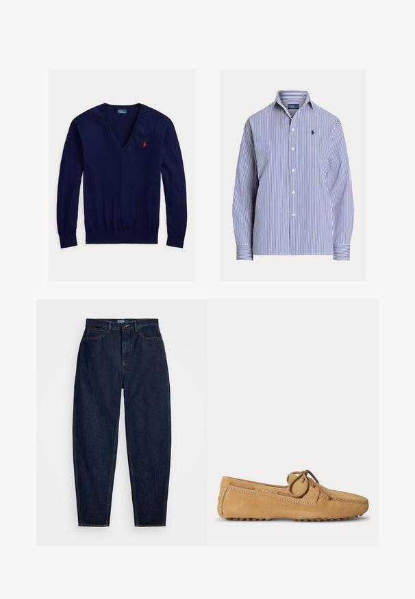 Tmavo modrý sveter s dlhým rukávom a výstrihom do V, s červeným vyšívaným logom Polo Ralph Lauren na ľavej strane hrudníka a rebrovanými lemami na rukávoch a spodnom okraji.; Modro-biela košeľa s dlhým rukávom a vertikálnymi pruhmi, s golierom a malým vyšívaným logom na ľavej strane hrudníka.; Tmavomodré džíny so strihom rovného nohu, s oranžovým štepovaním, predným zapínaním na gombík a piatimi vreckami.; Svetlohnedý semišový mokasín s zaoblenou špičkou, koženou šnúrkou zviazanou na mašličku a gumovou podrážkou s výstupkami pre lepšiu priľnavosť.
