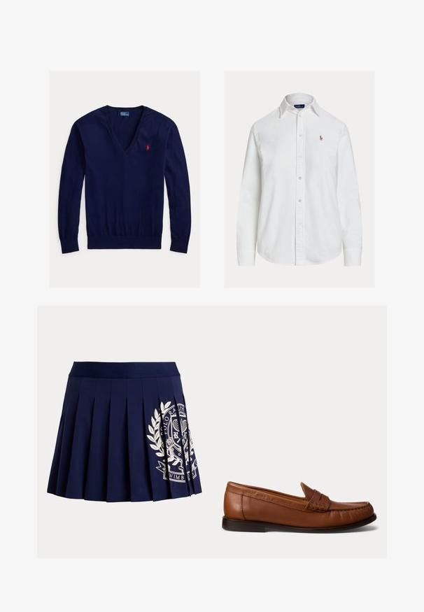 Tmavo modrý sveter s dlhým rukávom a výstrihom do V, s červeným vyšívaným logom Polo Ralph Lauren na ľavej strane hrudníka a rebrovanými lemami na rukávoch a spodnom okraji.; Biela košeľa s dlhými rukávmi na gombíky, golierom a malým vyšívaným logom na ľavej strane hrude, zobrazená na jednoduchom pozadí.; Tmavomodrá plisovaná sukňa so širokým pásom a bielym tenisovým erbom na spodnej pravej strane.; Hnedý kožený mokasín s nízkym čiernym opätkom, šitím moc toe a dekoratívnym pásikom na vrchu, zobrazený na bielom pozadí.