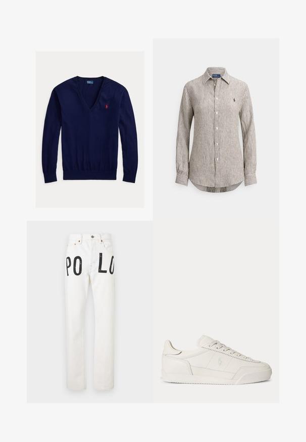 Tmavo modrý sveter s dlhým rukávom a výstrihom do V, s červeným vyšívaným logom Polo Ralph Lauren na ľavej strane hrudníka a rebrovanými lemami na rukávoch a spodnom okraji.; Hnedá a biela vertikálne pruhovaná košeľa s dlhým rukávom, zapínaním na gombíky, golierom a malým vyšitým logom na ľavej strane hrudníka.; Biele džínsové nohavice s čiernymi písmenami "PO" na ľavom stehne a "LO" na pravom stehne, vybavené prednými vreckami a zapínaním na gombík.; Biela nízka kožená teniska so šnúrkami, textúrovanou podrážkou a nenápadným logom na boku, zobrazená z boku na jednotnom pozadí.