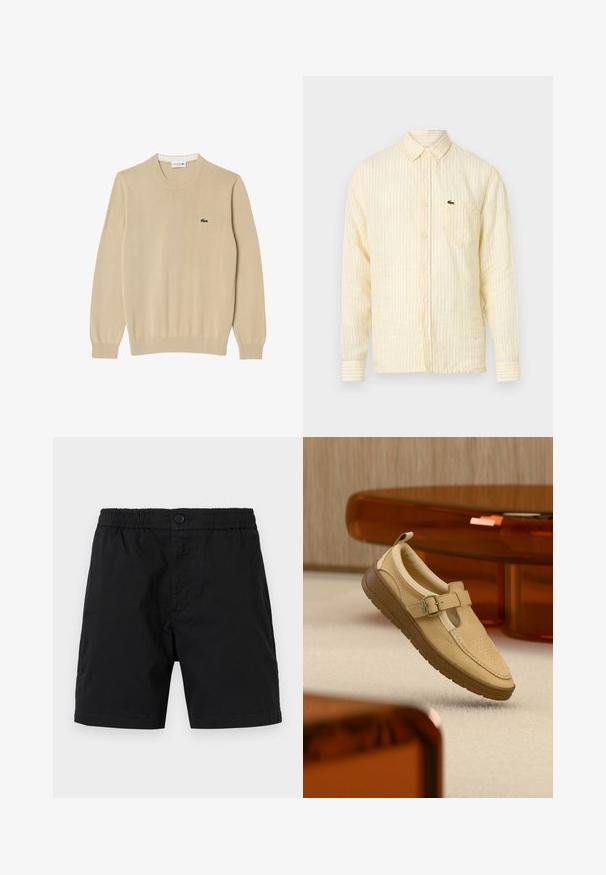 Suéter de punto beige con mangas largas, cuello redondo y puños acanalados. Presenta un pequeño logo verde de Lacoste en el pecho.; Camisa de manga larga con rayas amarillas y blancas, diseño con botones, con un bolsillo y un detalle de logo verde en el frente. Textura de tela suave.; Pantalones cortos negros para hombre con cintura elástica, cierre de botón y longitud hasta la mitad del muslo mostrados sobre un fondo neutro.; Zapato beige de cuero sin cordones con correa de hebilla y suela de goma marrón, posicionado en el aire sobre un suelo alfombrado claro y cerca de un mueble translúcido ámbar.