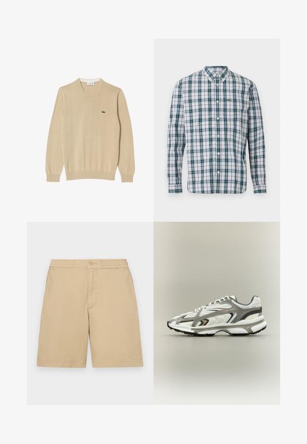Suéter de punto beige con mangas largas, cuello redondo y puños acanalados. Presenta un pequeño logo verde de Lacoste en el pecho.; Camisa de manga larga con botones, en un patrón de cuadros verdes, azules y blancos; presenta un cuello con solapa y un logo de Lacoste en el pecho.; Pantalones cortos de algodón beige con un ajuste regular, cinturilla elástica, cierre de botón y bolsillos laterales. Textura suave, diseño hasta la rodilla.; Zapatilla deportiva con una parte superior de malla blanca, acentos grises, suela de goma negra y un diseño aerodinámico. Presenta cordones y detalles texturizados.