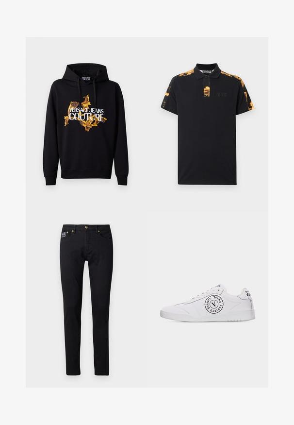 Mustmust mustern, mille ja kollase baroksilise mustriga ning valge "VERSACE JEANS COUTURE" tekstiga ees. Paelaga kapuuts.; Mustade lühikeste varrukatega polosärk, kuldse barokkse mustriga õlgadel ja kaelakaarel ning peal väike Versace Jeans Couture'i logo.; Mustad denim teksad, mis on slim fit stiilis, kuldse viimistluse ja viie taskuga, ning paremas taskus on väike brändi silt.; Valge madala säärega toss musta "Versace Jeans Couture" ringikujulise logoga küljel ja kandmepaneelil, valged paelad ja valge kummist talla.
