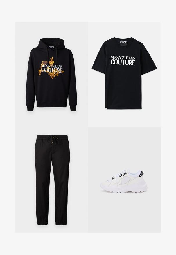 Sudadera negra con un vibrante patrón barroco en dorado y amarillo, y texto en blanco "VERSACE JEANS COUTURE" en el frente. Capucha con cordón.; Camiseta de algodón negra con mangas cortas que presenta un gran texto blanco "VERSACE JEANS COUTURE" en la parte delantera. Diseño clásico de cuello redondo.; Pantalones negros con cintura elástica y cordón. Presenta piernas ajustadas con puños elásticos. Tejido suave y ligero.; Zapatillas deportivas blancas con suela gruesa, parte superior de malla y sintética, detalles en negro y cordones. Diseño texturizado y logotipo en el talón.