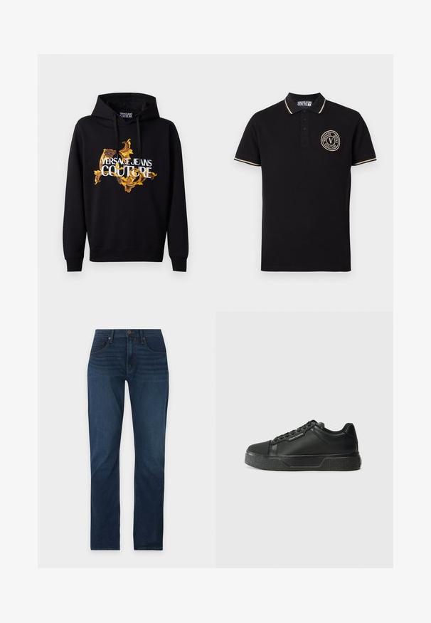 Hoodie noir avec un motif baroque vibrant doré et jaune et le texte "VERSACE JEANS COUTURE" en blanc sur le devant. Capuche avec cordon de serrage.; Polo noir avec bordure beige sur le col et les manches, patte de boutonnage, et logo rond Versace Jeans Couture sur la poitrine gauche.; Jean droit bleu foncé en denim avec fermeture à boutons et zip devant, poches avant et passants de ceinture sur un fond uni.; Baskets noires avec un dessus en cuir lisse, bout arrondi et semelle en caoutchouc texturé. Elles disposent d'un design à lacets et d'un détail de logo subtil sur le côté.