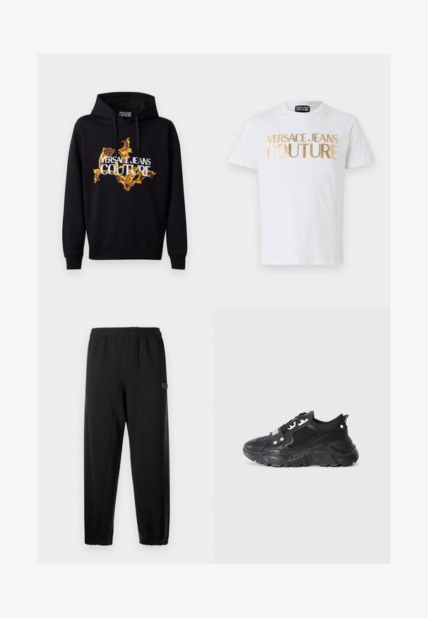 Musta huppari, jossa on eloisa kultainen ja keltainen barokkimuotoilu sekä valkoinen "VERSACE JEANS COUTURE" -teksti edessä. Kiristettävä huppu.; Valkoinen puuvillapaita, jossa on rohkeat kullanväriset "VERSACE JEANS COUTURE" -kirjaimet edessä. Pyöreä kaula-aukko ja lyhyet hihat.; Mustat collegehousut, joissa on joustava vyötärö, kapenevat lahkeet ja pieni brändätty logo. Valmistettu sileästä, kevyestä kankaasta.; Mustat urheilujalkineet, joissa on teksturoitu verkko-paneeli, paksu kumipohja, kontrastivärit ja nauhakiinnitys. Varustettu takana olevan vetotarran avulla.