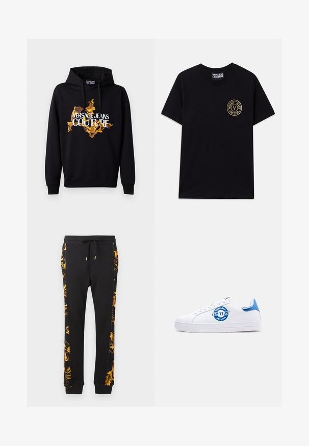 Hoodie noir avec un motif baroque vibrant doré et jaune et le texte "VERSACE JEANS COUTURE" en blanc sur le devant. Capuche avec cordon de serrage.; T-shirt en coton noir avec un col rond et des manches courtes. Présente un logo circulaire doré sur la poitrine gauche. Design simple et sans embellissement.; Pantalons de sport noirs avec un motif floral doré sur le côté, de forme fuselée et avec des poignets élastiques. Fabriqués en doux coton.; Baskets basses blanches avec languette de talon bleue et logo rond bleu « Versace Jeans Couture » sur le côté, lacets blancs et marquage en relief sur la semelle.