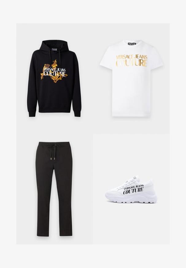 Mustmust mustern, mille ja kollase baroksilise mustriga ning valge "VERSACE JEANS COUTURE" tekstiga ees. Paelaga kapuuts.; Valge lühikeste varrukatega T-särk, mille esiküljel on kuldse metallikuga kiri "Versace Jeans Couture" ja ümara kaelusega.; Mustad sirgelõikelised püksid, millel on elastne vöökoht ja lipsuotsad metallist, laotatud lamedalt heledale taustale.; Valged paksud tossud paksu tallaga, paela kinnitusega ja "Versace Jeans Couture" paksus mustas kirjas küljele trükitud.