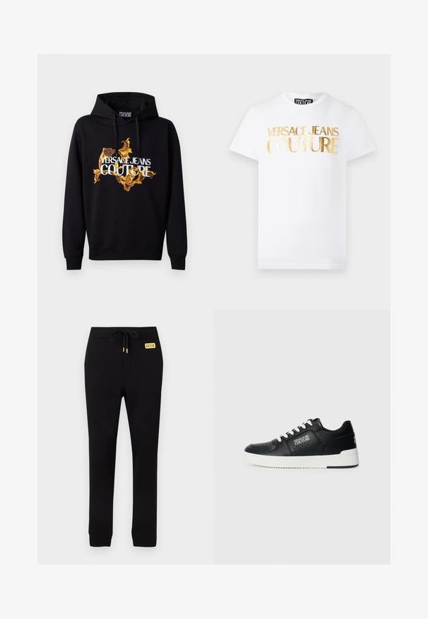 Sudadera negra con un vibrante patrón barroco en dorado y amarillo, y texto en blanco "VERSACE JEANS COUTURE" en el frente. Capucha con cordón.; Camiseta blanca de manga corta con texto metálico dorado "Versace Jeans Couture" en el frente y cuello redondo.; Pantalones jogger negros de corte slim con puños acanalados, cintura elástica con cordón ajustable y un pequeño parche con el logo amarillo de Versace Jeans Couture.; Zapatillas de cuero negras con suela blanca, que presentan un logo en el lateral, punta redondeada y un diseño perforado para transpirabilidad. Cintas blancas.