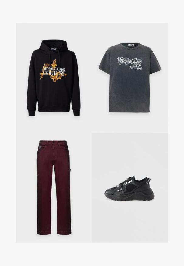 Mustmust mustern, mille ja kollase baroksilise mustriga ning valge "VERSACE JEANS COUTURE" tekstiga ees. Paelaga kapuuts.; Tumehall lühikeste varrukatega T-särk, millel on valged stiliseeritud "Versace Jeans Couture" tekst rinnal ja ümar kaelus.; Burgundia denimipüksid sirge lõikega, viis taskut, metallne nupuga sulgur ja reguleeritava suuruse jaoks volditud vöökoht.; Mustad tossud, millel on massiivne tald, mis sisaldab võrgust paneele ja nahast detalje. Varustatud valgete paelte ja külje peal logoga.