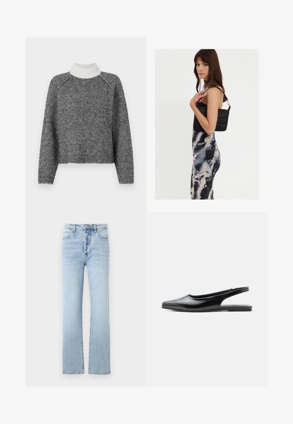 Vero Moda VMFELIZE HIGH NECK PULLOVER - Pullover - birch/black; Jean en denim bleu clair avec une coupe droite, dotés d'une taille haute, d'un style classique à cinq poches et d'un léger effet délavé.; Chaussure plate à bride arrière en cuir verni noir avec bout pointu et petit talon sur fond blanc.; Sac à épaule noir en matelassé avec une seule sangle et des accessoires en argent, associé à une robe ajustée à motif tie-dye dans des teintes de noir et de crème.
