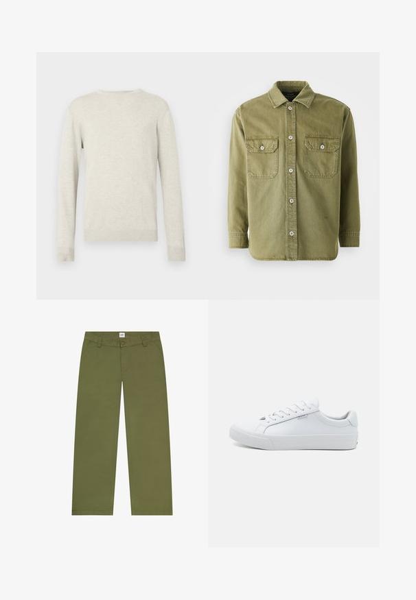 Pull à col rond beige à manches longues avec des poignets et un ourlet en côte, présenté sur fond blanc uni.; Chemise boutonnée vert olive en tissu doux, dotée de deux poches poitrine avec rabats, de boutons visibles et d'un col.; Pantalon droit couleur vert olive avec passants pour ceinture, poches avant, fermeture par bouton et étiquette de la marque Lee sur la ceinture.; Baskets blanches en cuir avec une finition lisse, design bas, bout rond et semelle plate en caoutchouc. Dotées de lacets plats et d'une signalétique minimale.