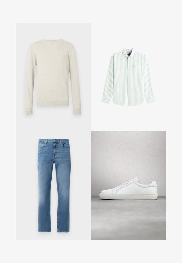 Beige sweater med lange ærmer og rund halsudskæring, med ribbede manchetter og kant, præsenteret mod en simpel hvid baggrund.; Langærmet skjorte med knapper, lysegrønne og hvide lodrette striber, med brystlomme og lille Tommy Hilfiger-logo.; Lyseblå denimjeans med lige ben, fem lommer og lukning med metalknap foran. Synlig falmning på lår og bund.; Hvide sneakers med en glat læderoverdel og lav profil. Har en rund tå, seks snørehuller og en tekstureret gummisål.