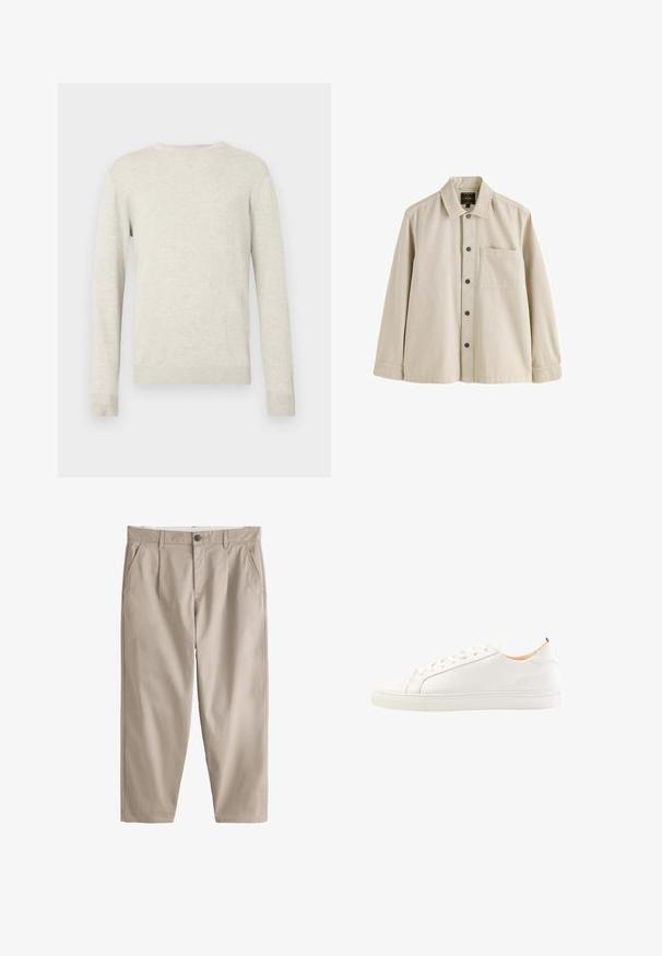 Beige sweater med lange ærmer og rund halsudskæring, med ribbede manchetter og kant, præsenteret mod en simpel hvid baggrund.; Beige langærmet skjorte med knapper, krave og en brystlomme, lavet af et robust stof.; Beige bukser med lige ben, bæltestropper, for-åbning med knap og lynlås, sidelommer og synlige syningsdetaljer på hvid baggrund.; Hvide lædersneakers med en glat overflade, rund tå og tonede snørebånd. Har en gummisål og et minimalistisk design med diskret branding.