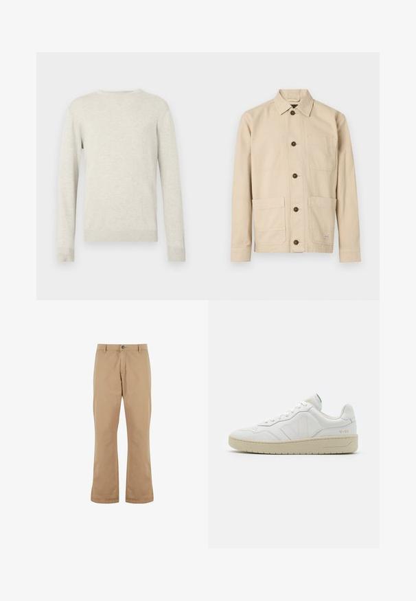 Beige trui met lange mouwen en ronde hals, voorzien van ribbels aan de mouwen en onderkant, gepresenteerd tegen een eenvoudige witte achtergrond.; Lichtbeige werkjasje, katoenen stof, knoopsluiting aan de voorkant, puntige kraag, twee borstzakken, twee lagere zakken, bruine knopen, gestikte details.; Beige katoenen broek met een rechte snit, voorzien van een knoopsluiting, zijzakken en een gladde textuur.; Witte leren sneakers met een gestructureerde afwerking en een gevoerde kraag. Voorzien van een beige rubberen zool en subtiele branding op de hiel en zijkant.