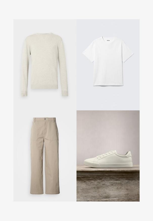 Pull à col rond beige à manches longues avec des poignets et un ourlet en côte, présenté sur fond blanc uni.; T-shirt blanc à manches courtes et col rond, étalé à plat, design uni, avec l'étiquette "WEEKDAY" à l'intérieur du col sur un fond clair.; Pantalon beige à jambes larges en coton ; doté de poches plaquées à l'avant, d'une fermeture à bouton et de coutures visibles le long des ourlets.; Sneaker en dentelle blanche flottant au-dessus d'un banc en bois avec un feuillage vert en arrière-plan, mettant en valeur le design et la texture de la chaussure.