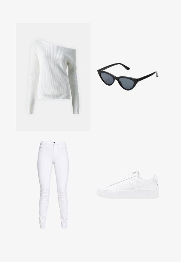 Pull blanc à épaules dénudées en maille côtelée, doté de manches longues, d'un ourlet ajusté et d'un motif texturé sur l'ensemble.; ONLY ONLBLUSH MID - Jeans Skinny - white; Baskets plateformes blanches avec tige en cuir, bout rond et fermeture à lacets. Présente des perforations sur les côtés et un logo discret au niveau du talon.; Lunettes de soleil noires en forme d'œil de chat avec des verres gris foncé, monture en plastique élégante, coins pointus et branches droites. Pas de métal visible ni d'accents.