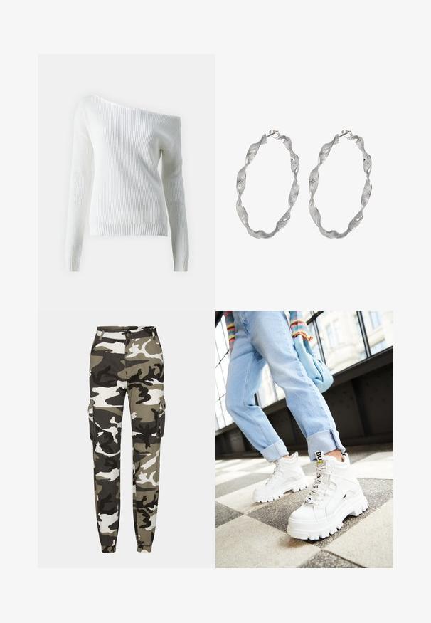 Pull blanc à épaules dénudées en maille côtelée, doté de manches longues, d'un ourlet ajusté et d'un motif texturé sur l'ensemble.; Pantalons cargo camouflage dans des teintes de vert, noir et blanc ; dotés de poignets élastiques et de poches latérales pour le rangement.; Baskets blanches épaisses avec semelles massives, lacées à l'avant et étiquette de marque. Portées avec un jean bleu clair retroussé sur un sol à motifs.; Boucles d'oreilles en argent en forme de créoles avec un design torsadé, présentant une surface texturée et un fermoir sécurisé. Légères et réfléchissantes avec une finition élégante.