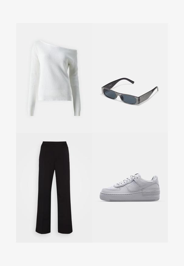 Off-shoulder biela mikina vyrobená z ribbeného úpletu, s dlhými rukávmi, priliehavým lemom a textúrovaným vzorom po celom obvode.; Monki Nohavice - black; Šedé tenisky Nike Air Force 1 s perforovanou špičkou, hladkým koženým zvrškom, hrubou podrážkou a embosovaným detailom 'AIR' na päte.; Čierne slnečné okuliare s šedými sklami, so sieťovým vzorom malých kovových kamienkov pozdĺž rámov. Hladký povrch, ostrý dizajn.