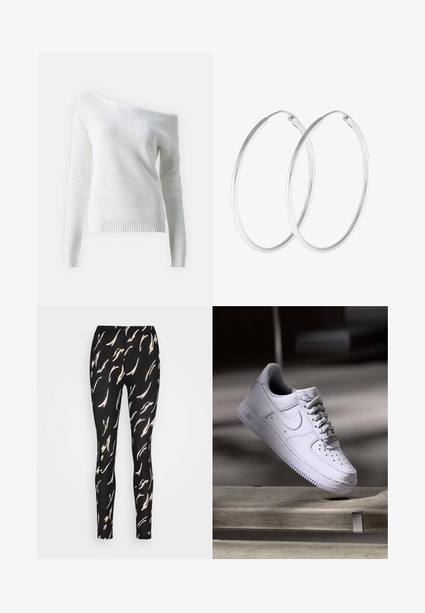 Pull blanc à épaules dénudées en maille côtelée, doté de manches longues, d'un ourlet ajusté et d'un motif texturé sur l'ensemble.; ONLY ONLSARA - Legging (type pantalon) - black; Baskets Nike Air Force 1 blanches lévitant au-dessus d'une surface en béton avec des ombres dans un cadre minimaliste.; Boucles d'oreilles en argent, de forme ronde lisse et finition polie. Les deux boucles d'oreilles sont de la même taille et disposent d'un mécanisme de fermeture sécurisé.