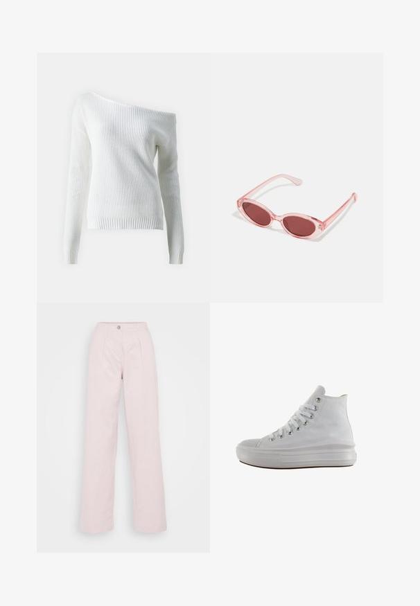 Pull blanc à épaules dénudées en maille côtelée, doté de manches longues, d'un ourlet ajusté et d'un motif texturé sur l'ensemble.; Pantalons larges en coton rose doux, dotés d'une fermeture à bouton sur le devant, d'un design plissé et d'une silhouette décontractée.; Baskets montantes en toile blanche avec lacets blancs, œillets métalliques, semelle épaisse en caoutchouc et bout texturé, orientées vers la gauche sur fond blanc.; Lunettes de soleil transparentes roses avec des verres ovales, teintés d'un rouge foncé, et des branches fines, présentant une finition lisse et des détails subtils sur la monture.