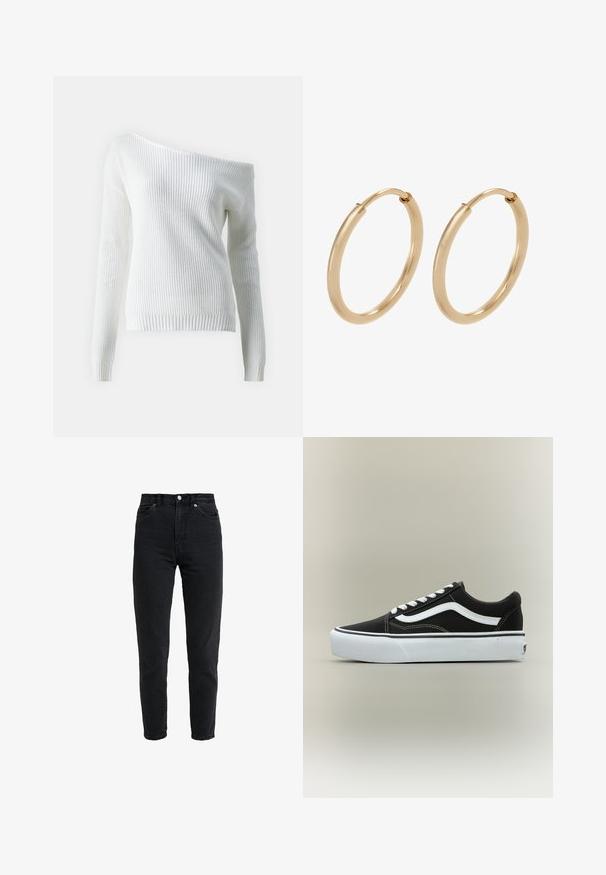 Pull blanc à épaules dénudées en maille côtelée, doté de manches longues, d'un ourlet ajusté et d'un motif texturé sur l'ensemble.; Jean en denim noir taille haute avec bouton et fermeture éclair à l'avant, deux poches avant et jambe fuselée sur fond blanc.; Baskets basses noires avec bande blanche latérale, lacets blancs, semelle en caoutchouc blanche et bout texturé sur fond neutre.; Boucles d'oreilles en or en forme de créoles, avec une finition lisse et polie. Forme arrondie, de taille moyenne, dotées d'un mécanisme de fermeture sécurisé.