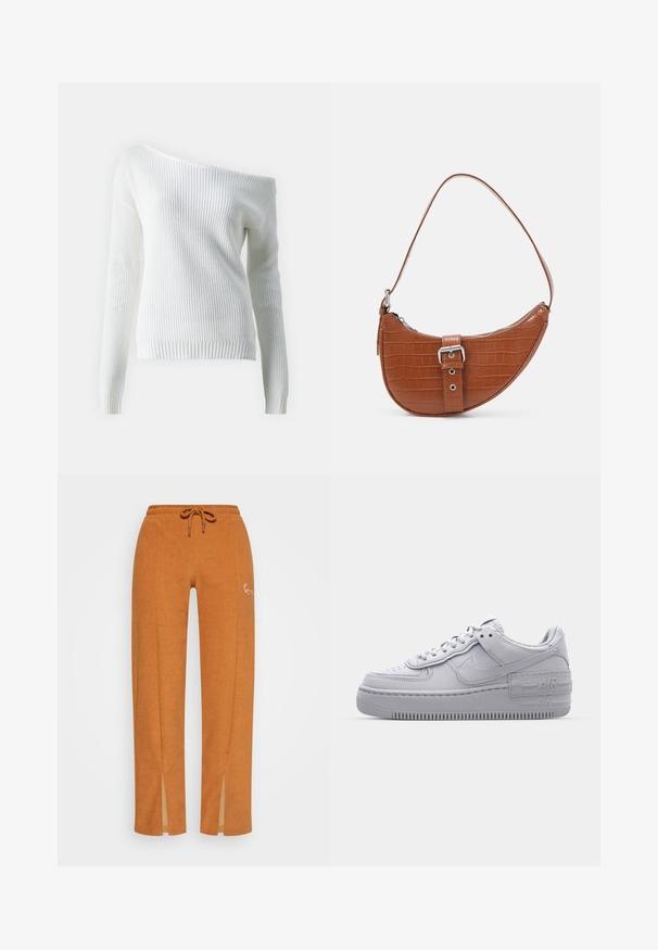 Pull blanc à épaules dénudées en maille côtelée, doté de manches longues, d'un ourlet ajusté et d'un motif texturé sur l'ensemble.; Pantalons de jogging couleur rouille en tissu doux, dotés d'une taille élastique avec cordon de serrage, d'encoches sur les chevilles et d'un détail logo discret.; Basket en cuir lisse gris Nike Air Force 1 avec un bout perforé, une semelle épaisse et un détail 'AIR' en relief sur le talon.; Vero Moda VMKYRA SHOULDER BAG - Sac à main - cognac