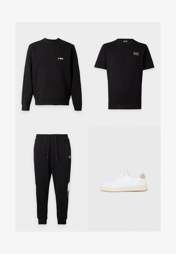 Schwarzes Sweatshirt mit Rundhalsausschnitt, langen Ärmeln und gerippten Bündchen. Verfügt über ein kleines, weißes, gesticktes Logo auf der Brust. Material aus Baumwollmix.; Schwarzes T-Shirt mit kurzen Ärmeln und kleinem EA7 Emporio Armani Logo-Patch auf der linken Brust sowie passendem Nackenetikett.; Schwarze Jogginghose mit elastischem Bund und Kordelzug, seitlichen Taschen, gesäuberten Bündchen am Knöchel und kleinem weißen Logo am oberen Oberschenkel.; Weiße Low-Top-Sneaker mit einem strukturierten Lederobermaterial, cremefarbener, geriffelter Sohle und einem braunen Akzent an der Ferse. Mit weißen Schnürsenkeln und Logodetail an der Ferse.